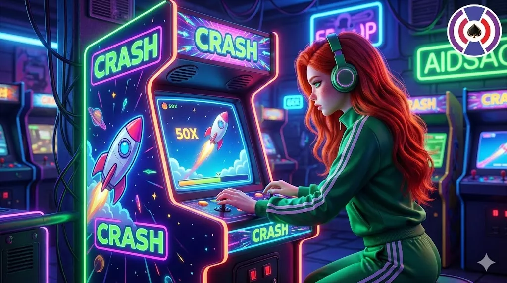Cyberpunk-style arcade gaming cabinet featuring trending Crash rocket games, illustrating the instant-win entertainment portfolio offered by AidsAgent.