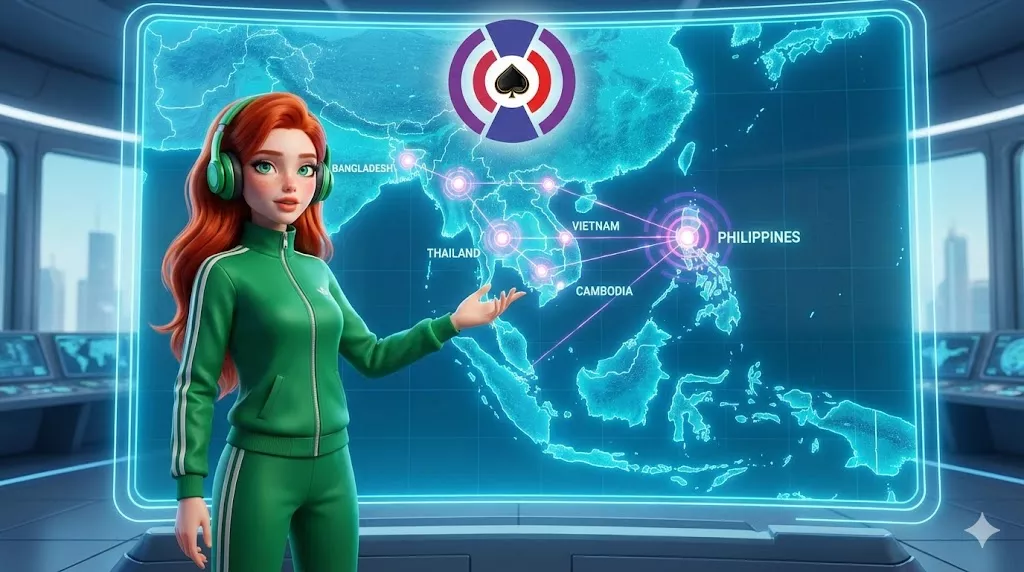 AidsAgent iGaming regional dominance map visualization, highlighting market coverage in Philippines, Thailand, Bangladesh, Myanmar, Cambodia, and Vietnam.