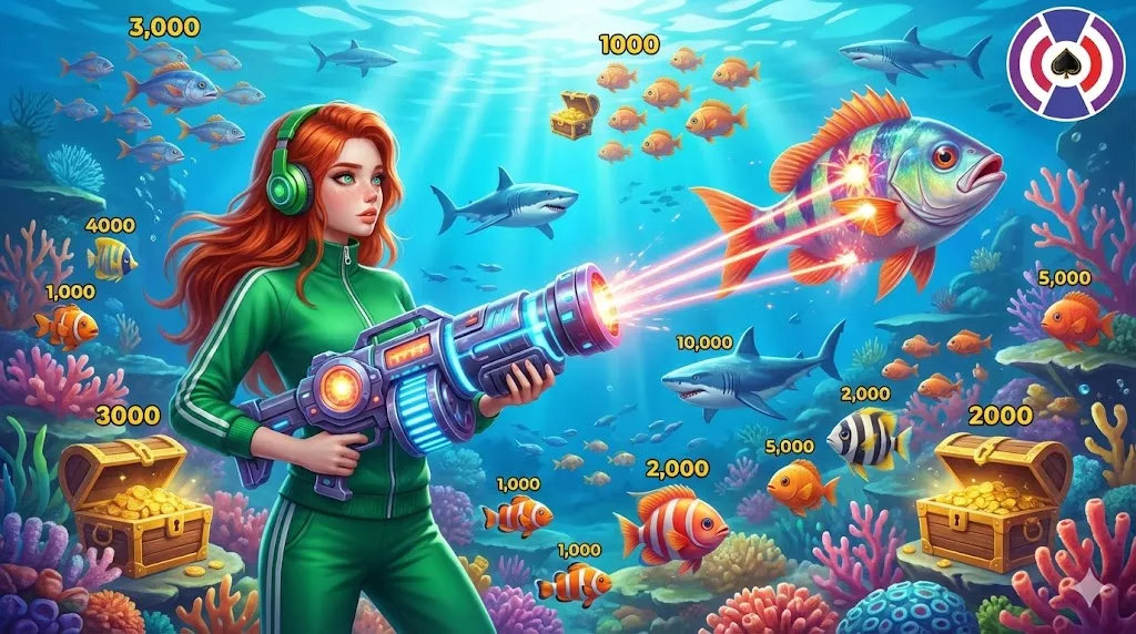 AidsAgent fishing game portfolio illustration showing an immersive underwater fish hunter scene with high-engagement cannon shooting mechanics.