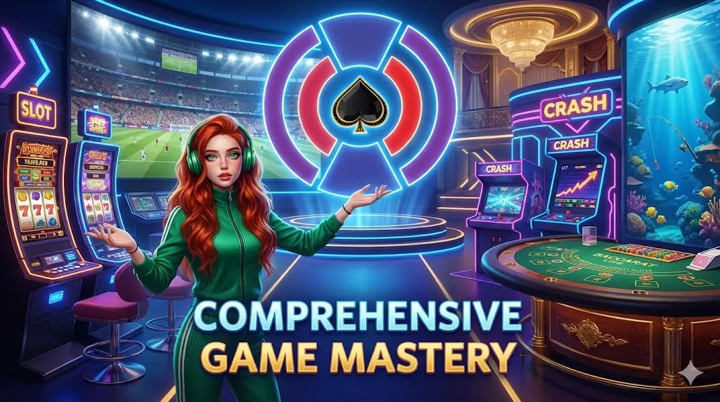 AidsAgent official brand ambassador standing in a futuristic 3D digital gaming hub featuring slots, sports, and live casino zones, representing comprehensive iGaming mastery for Asian markets.